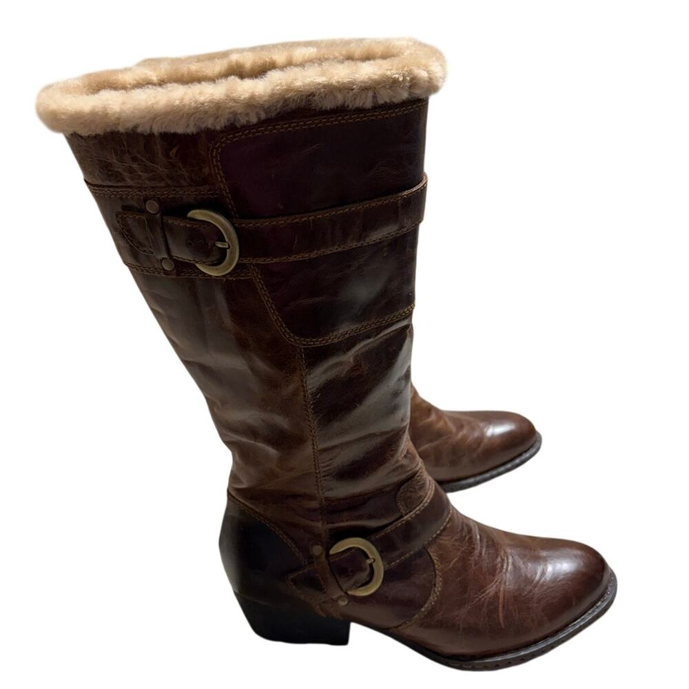 Born Gira Leather Mid Calf Boots Women's 9.5 Brown Leather Shearling Buckles